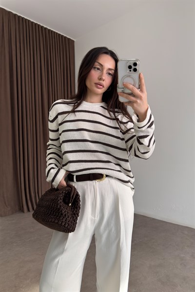 Premium Merserize İnce Çizgili Ekru Üst