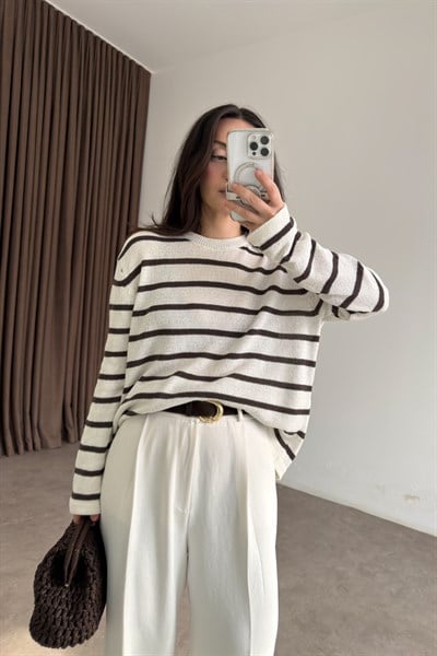 Premium Merserize İnce Çizgili Ekru Üst