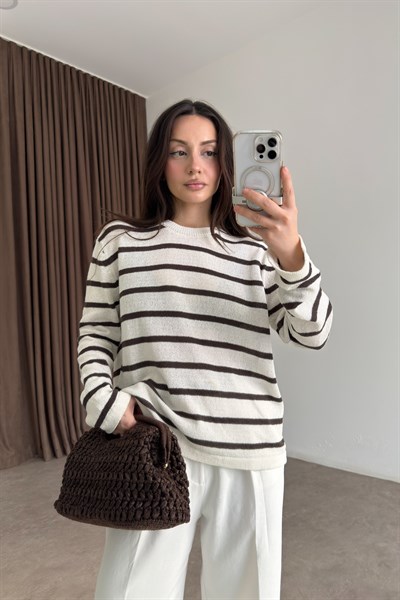 Premium Merserize İnce Çizgili Ekru Üst