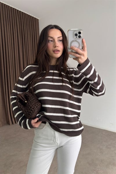 Premium Merserize İnce Çizgili Kahve Üst