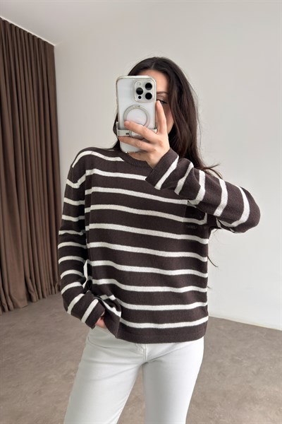 Premium Merserize İnce Çizgili Kahve Üst