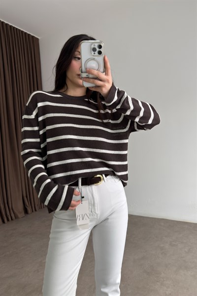 Premium Merserize İnce Çizgili Kahve Üst