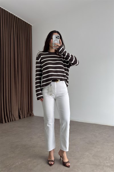 Premium Merserize İnce Çizgili Kahve Üst