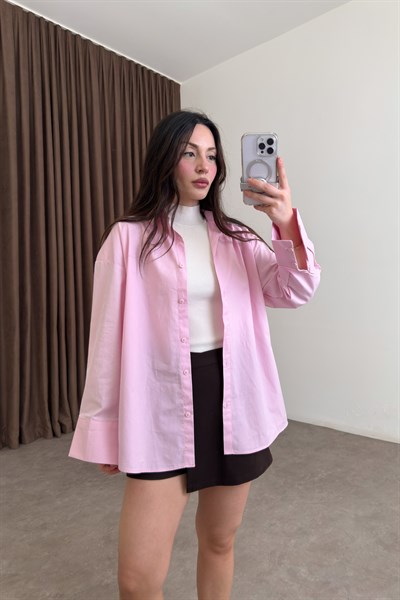 Premium Mimimal Vatkalı Pembe Gömlek