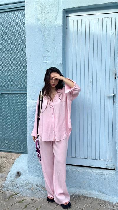 Premium Modal Gömlek Pantolon Takım Pembe