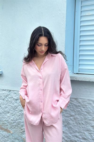 Premium Modal Gömlek Pantolon Takım Pembe