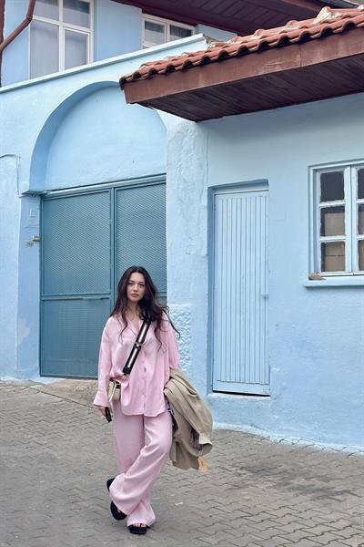 Premium Modal Gömlek Pantolon Takım Pembe