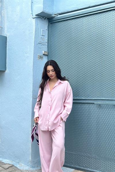 Premium Modal Gömlek Pantolon Takım Pembe