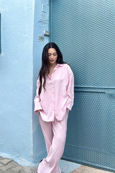 Premium Modal Gömlek Pantolon Takım Pembe