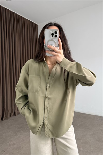 Premium Modal Pamuk V Yaka Haki Gömlek