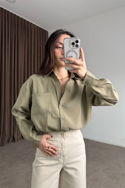 Premium Modal Pamuk V Yaka Haki Gömlek