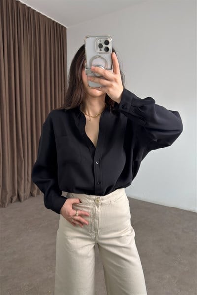 Premium Modal Pamuk V Yaka Siyah Gömlek