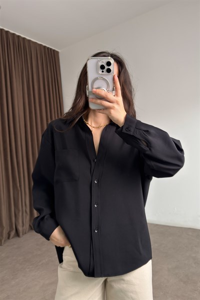 Premium Modal Pamuk V Yaka Siyah Gömlek