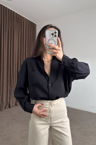 Premium Modal Pamuk V Yaka Siyah Gömlek