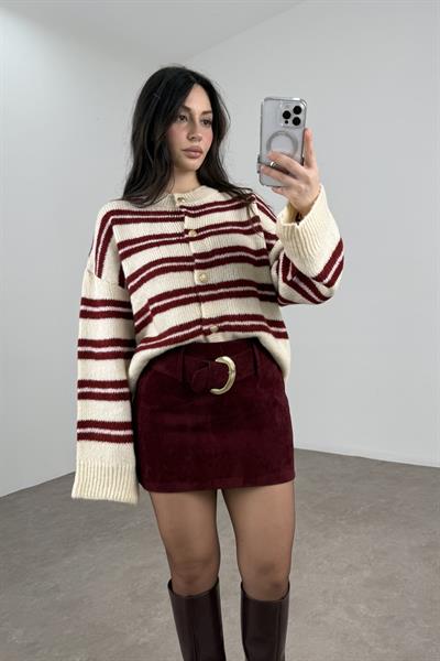 Premium Mürdüm Kalın Süet Kemerli Etek 