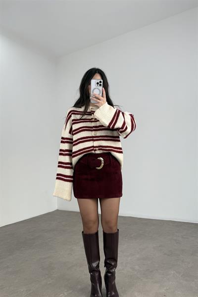 Premium Mürdüm Kalın Süet Kemerli Etek 