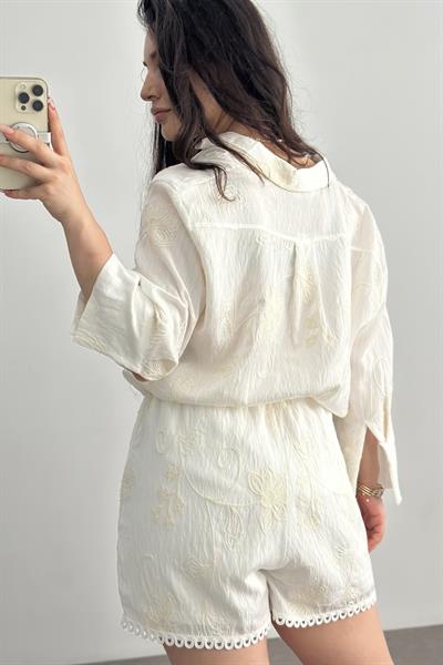 Premium Natural Çiçek İşlemeli Ekru Şortlu Takım