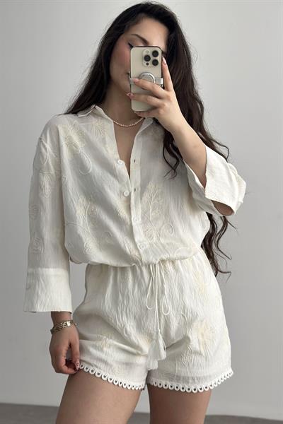 Premium Natural Çiçek İşlemeli Ekru Şortlu Takım