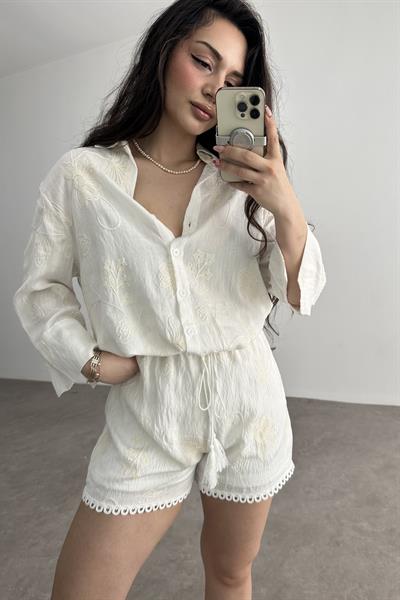 Premium Natural Çiçek İşlemeli Ekru Şortlu Takım