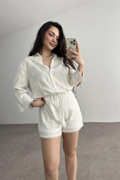 Premium Natural Çiçek İşlemeli Ekru Şortlu Takım