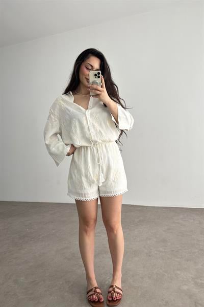 Premium Natural Çiçek İşlemeli Ekru Şortlu Takım