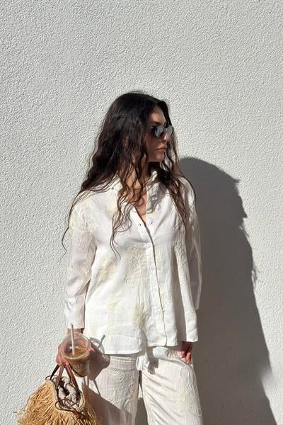 Premium Natural Çiçek İşlemeli Ekru Takım