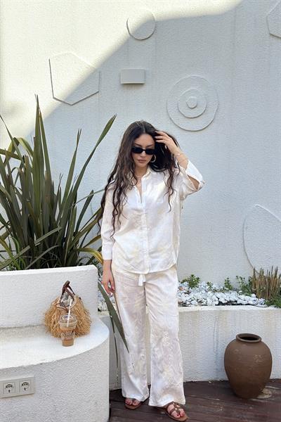 Premium Natural Çiçek İşlemeli Ekru Takım