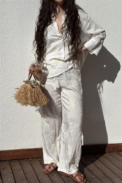 Premium Natural Çiçek İşlemeli Ekru Takım