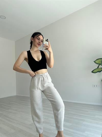 Premium Natural Ham Keten Dar Paça Pantolon