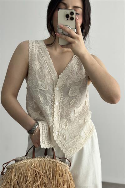 Premium Natural İşlemeli Yelek