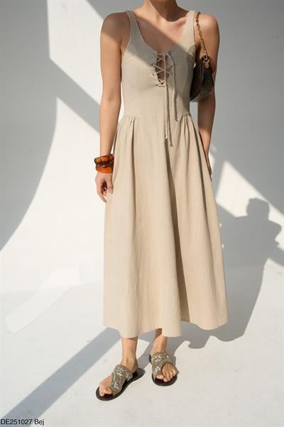 Premium Natural Kumaş Bağcıklı Bej Elbise