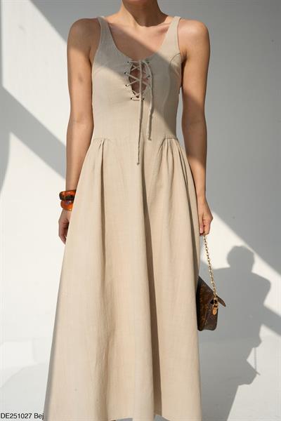 Premium Natural Kumaş Bağcıklı Bej Elbise