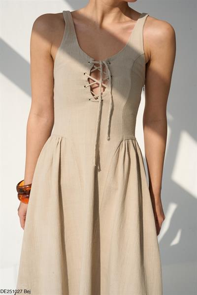 Premium Natural Kumaş Bağcıklı Bej Elbise