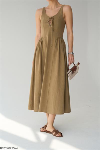 Premium Natural Kumaş Bağcıklı Khaki Elbise