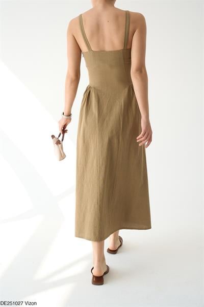 Premium Natural Kumaş Bağcıklı Khaki Elbise