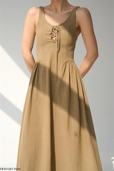 Premium Natural Kumaş Bağcıklı Khaki Elbise