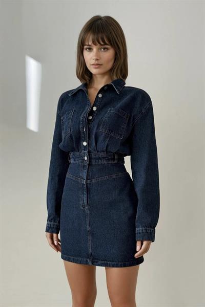 Premium Ön Düğmeli Uzun Kol Kot Elbise