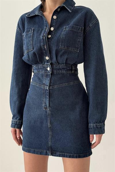 Premium Ön Düğmeli Uzun Kol Kot Elbise