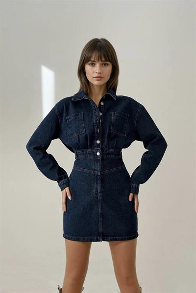 Premium Ön Düğmeli Uzun Kol Kot Elbise