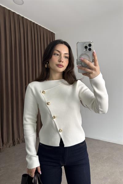 Premium Önü Asimetrik Gol Düğmeli Ekru Bluz