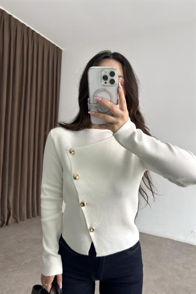 Premium Önü Asimetrik Gol Düğmeli Ekru Bluz