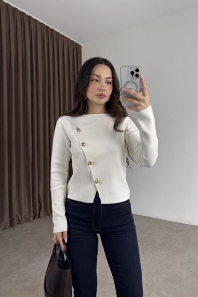 Premium Önü Asimetrik Gol Düğmeli Ekru Bluz