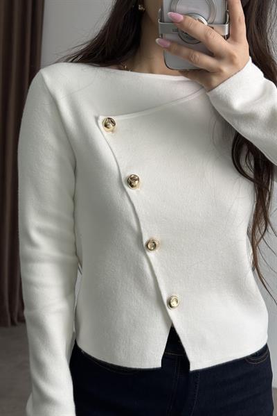 Premium Önü Asimetrik Gol Düğmeli Ekru Bluz