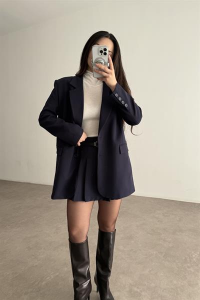 Premium Oversize Blazer Lacivert Etek Takım