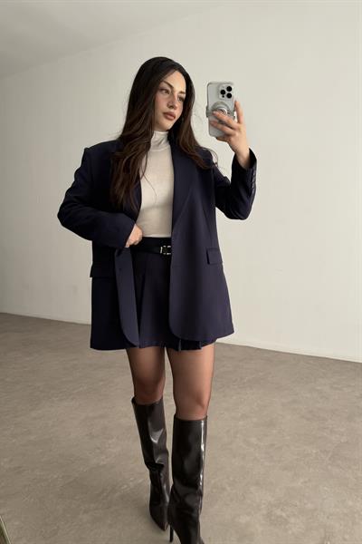 Premium Oversize Blazer Lacivert Etek Takım