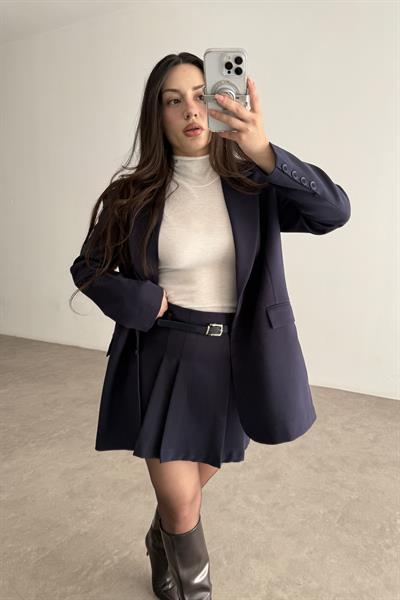 Premium Oversize Blazer Lacivert Etek Takım
