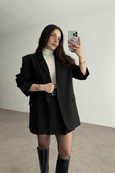 Premium Oversize Blazer Siyah  Etek Takım