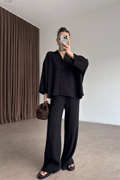 Premium Pamuk Tensel Siyah Pantolon Gömlek Takım