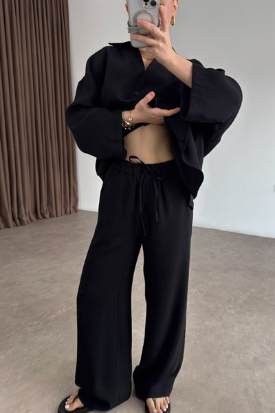 Premium Pamuk Tensel Siyah Pantolon Gömlek Takım