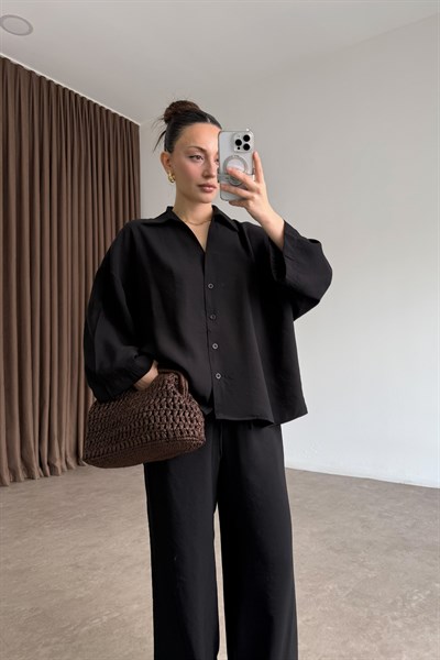 Premium Pamuk Tensel Siyah Pantolon Gömlek Takım